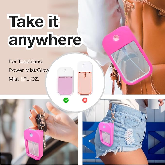 2 PCS Soft Silicone Case for Touchland Power Mist (1FL. OZ./30 mL), Protective and Stylish Case with Keychain Compatible with Touchland Hand Sanitizer Spray (Hot Pink/Blue)