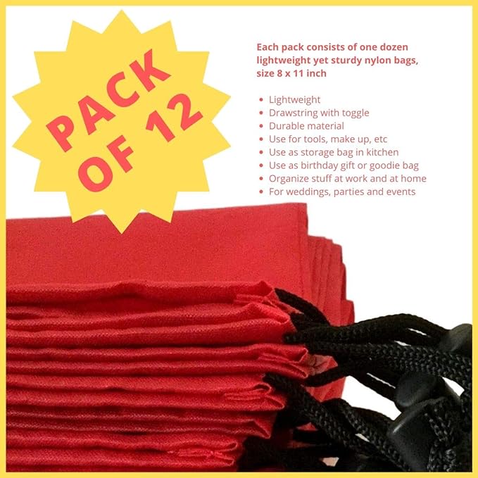 PALTERWEAR Drawstring Pouch with Toggle (8 x 11 Inch, 12 Pack, Red) Nylon Cinch Bag for Travel, Gym, DIY and Storage