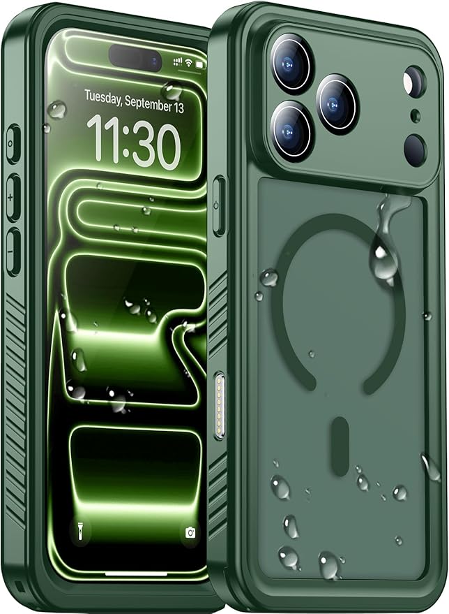 Magnetic Compatible with iPhone 17 Pro Max Case,Waterproof Built-in Screen & Camera Protector IP68 Underwater Full Body Military Dropproof Translucent Matte Phone Case 6.9"-Mag/Green