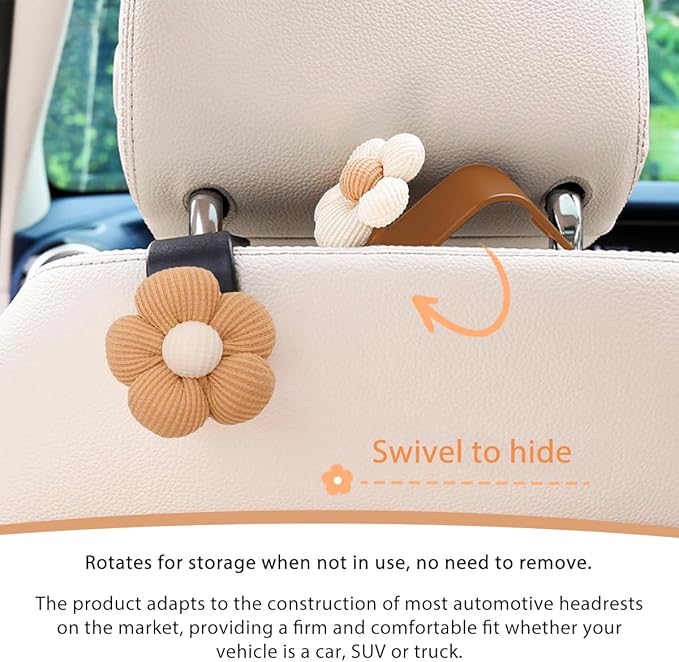 4 PCS Car Seat Headrest Hooks, Cute Flower Car Seat Back Organizer Bag Holder Hooks, Automotive Seat Hook Hanger Storage Organizer for Purse Cloth Grocery Bags, Car Accessories (White+Brown)