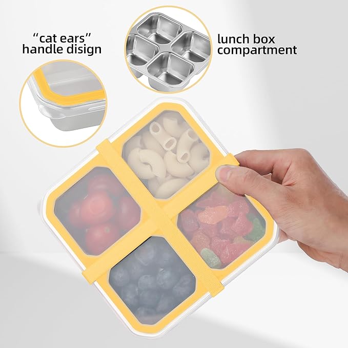 BEFOY 4 Pack Stainless Steel Snack Containers with Lids 4 Compartment Food Storage Containers for Adults & Kids Meal Prep Containers Reusablele (Yellow, 4)