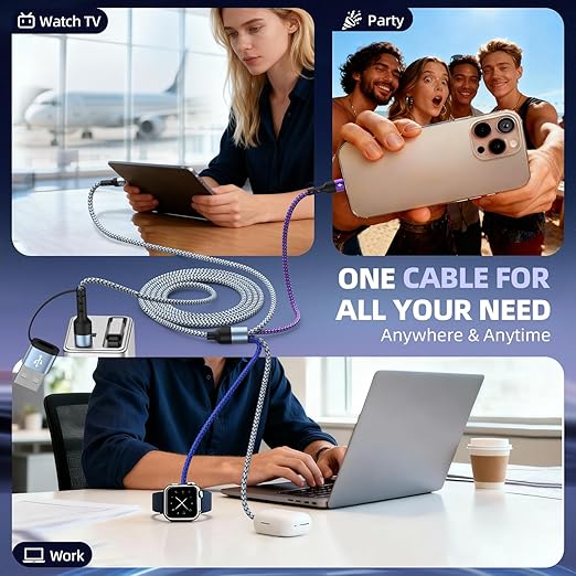 Multi Charging Cable for iWatch Charger, 5FT 2Packs 4 in 2 Chargers for Multiple Devices, Travel Essentials USB A&C/Dual Type-C/IP Cord Compatible with iWatch/iPhone 17-11/Car