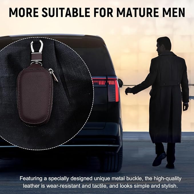 Yourkar Car Key Case, Genuine Leather Auto Fob Storage Bag, Chain Holder Ring Zipper Bag, Car Accessories (Coffee)