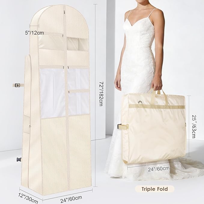 KEEGH 72" Wedding Dress Garment Bag - Tri-Fold Design Bridal Dress Bag with Shoulder Strap & Handle, Heavy-Duty Checkered Oxford Fabric for Long Wedding Gowns & Formal Gown Storage, Beige