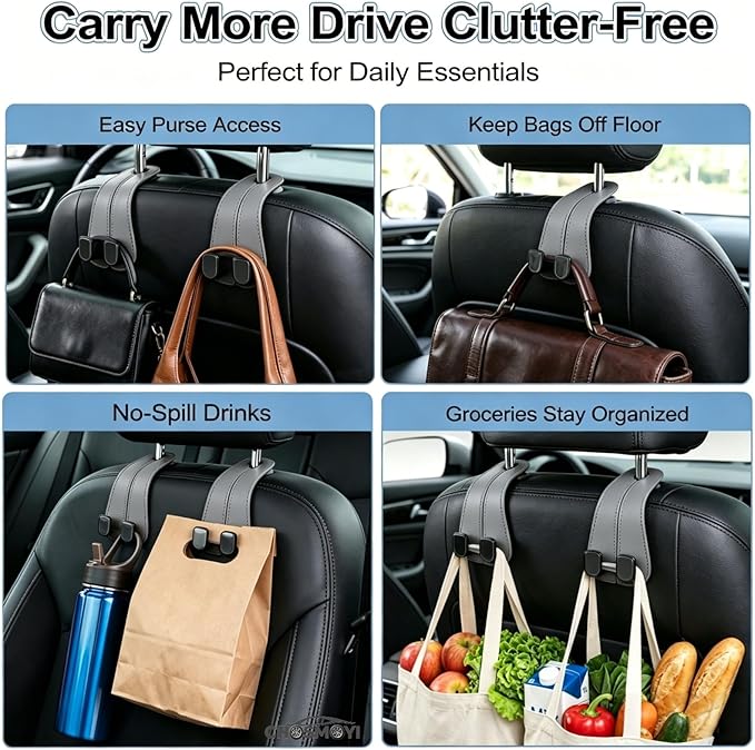 CHOSMOYI Leather Car Purse Hook for Headrest, 2 Pack Seat Back Organizer for Handbags, Groceries & Essentials, Heavy Duty Car Accessories (Grey)