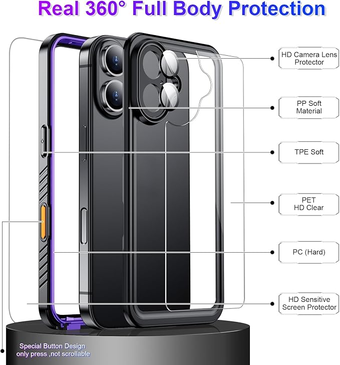 Compatible with iPhone 16 Case Waterproof, Built-in Screen & Camera Protector IP68 Underwater Full Body 16FT Military Dropproof Shockproof Phone Case 6.1"-Purple/Clear