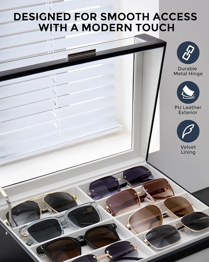 ProCase 16 Slots Sunglasses Box Organizer with L-Shaped Clear Lid, Multiple Pairs Glasses Display Holder Eyewear Eyeglass Eye Glass Storage with Drawer for Men -Black
