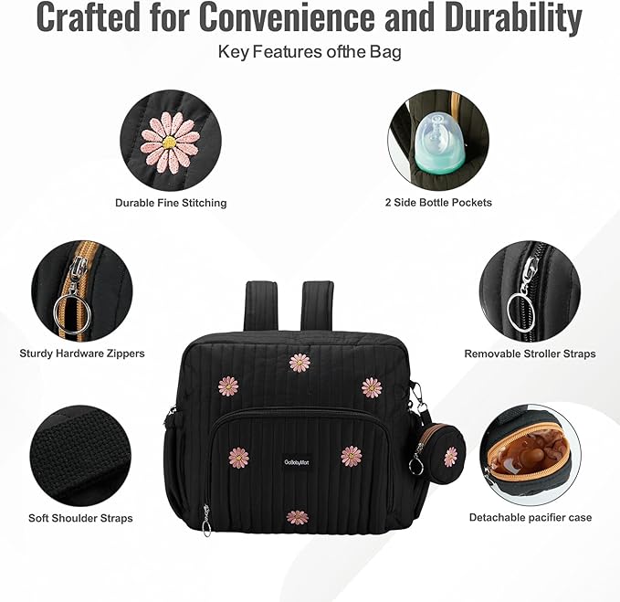 GOBABYMART Diaper Bag Backpack, Medium Maternity baby bag & Changing Pad, Insulated Pockets, Stroller Straps & Pacifier Case (Medium - Black Flowers)