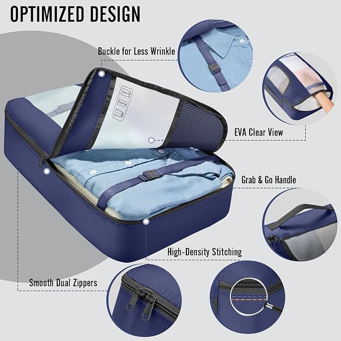 Veken 8 Set Packing Cubes for Travel Essentials,Anti-Wrinkle Buckled Suitcase Organizer for Shoe & Toiletry Bag,Carry On Luggage Bag for Airplane & College Dorm Room Accessories,Women Men Gifts