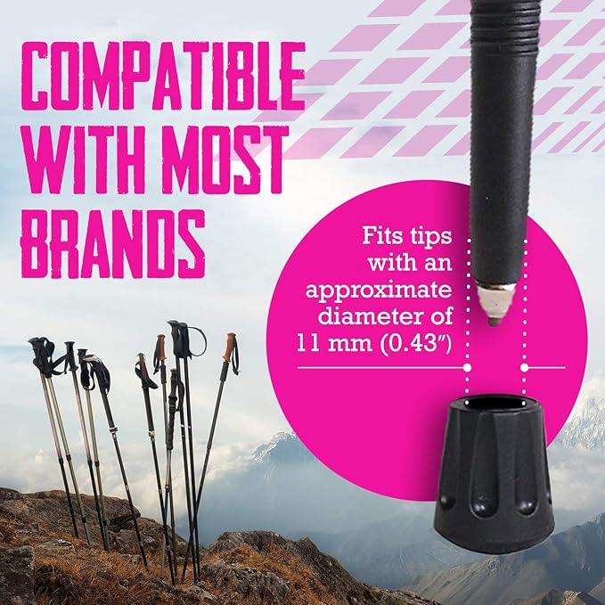 TrailBuddy Walking Stick Tips - Pack of 6 Replacement Rubber Cane Tips Fit Most Trekking & Hiking Poles w/Shock Absorption, Grip & Traction Protectors - 11mm Diameter