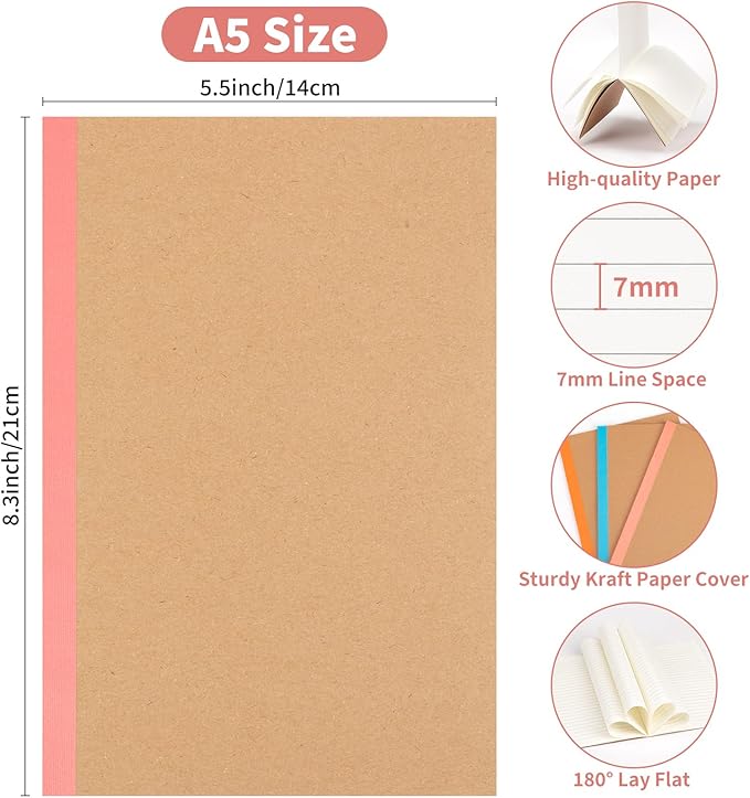 ALKALO 6 Pack Lined Notebook Journals Bulk, A5 College Ruled Composition Notebook, 8.3”x 5.5”,Kraft Cover with Rainbow Spines, 6 Colors 60 Pages for School Office Travel