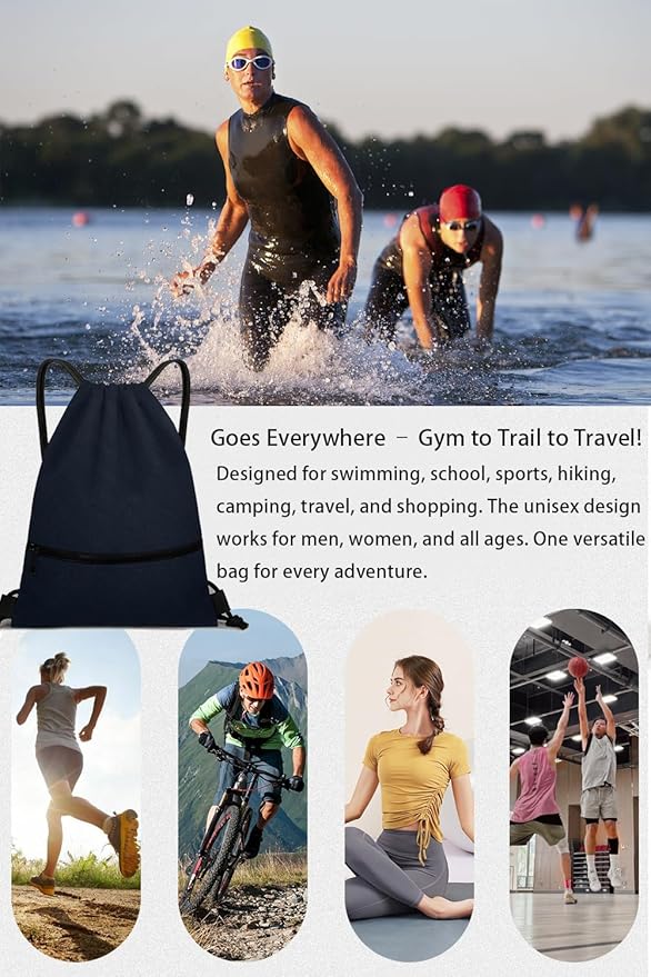 Drawstring Backpack Gym Bag For Men Women String Sports Backpack With 2 Zippered Pocket Large Cinch Sackpack Workout Bag for Gym, Soccer, Basketball, Beach(Navy Blue,16.5 * 19 inches)