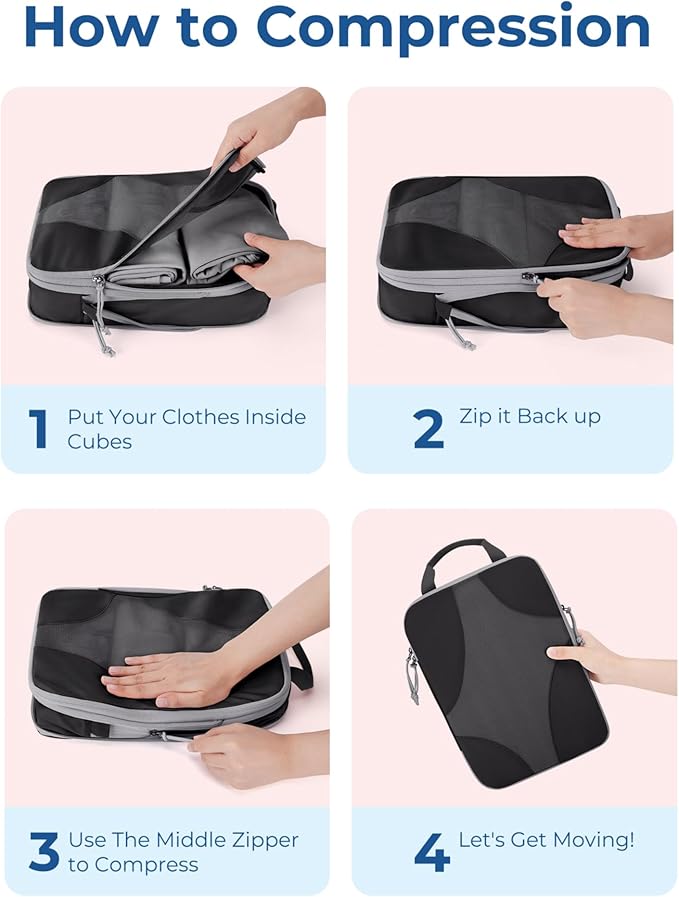 BAGSMART Compression Packing Cubes for Travel, 6 Set/14 Set Compressible Luggage Organizer for Cruise Ship, Lightweight Travel Essentials (1L+2M+2S+Shoe bag+Drawstring bag+Toiletry bag+6Plastic bags)