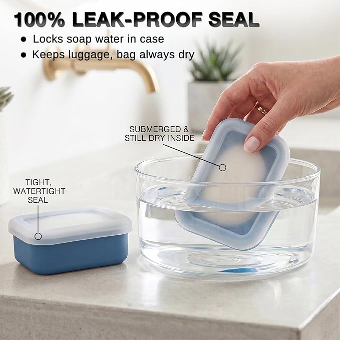 HighHerz Compact Leak Proof Silicone Travel Soap Case with Draining Tray - Portable Bar Soap Container - 2026 Upgrade Travel Essentials for Camping, Gym & Shower (Clear Blue)