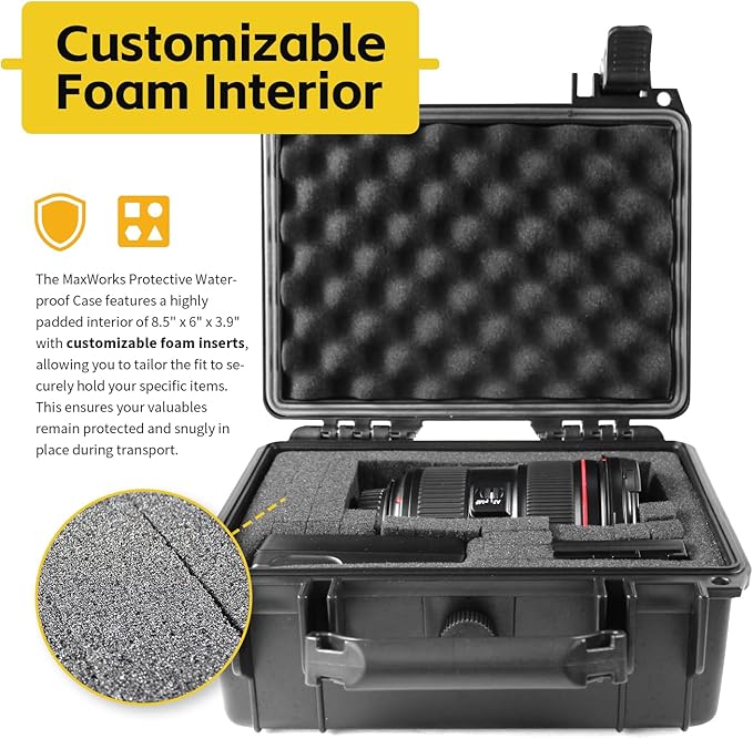 MaxWorks 51015 Waterproof Hard Case IP67 – Protective Foam Interior, Fits 8.5" x 6" x 3.9" Items – Rugged Storage for Camera, Tools, Valuables – 9.1" x 7.6" x 4.4" Exterior, Black