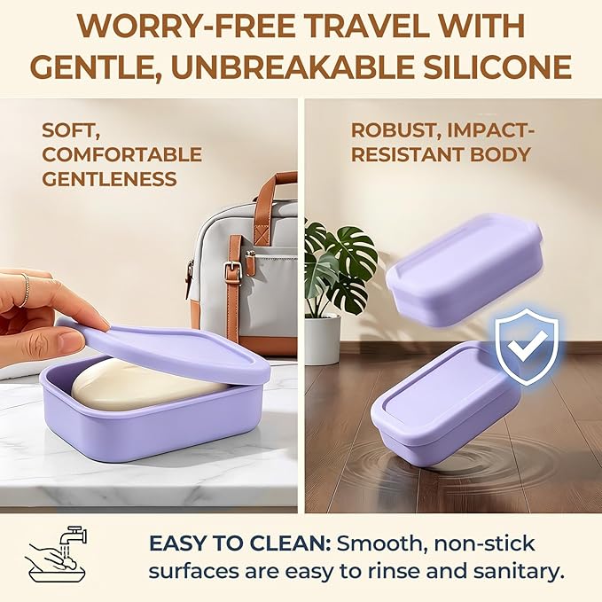 AIMAIAIMAI Silicone Shampoo Bar Travel Case with Drain Pad – Leak Proof Bar Soap Travel Case for 2 Bars, Shampoo & Conditioner Bar Holder for Camping, Gym | 1 Pack, Light Purple