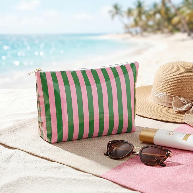 Large PVC Waterproof Striped Makeup Bag,Clear Coated Cosmetic Bags,Easy to Clean,Travel Organizer Zipper Pouch Beach Vacation Essentials for Women Girls(09Pink Green)