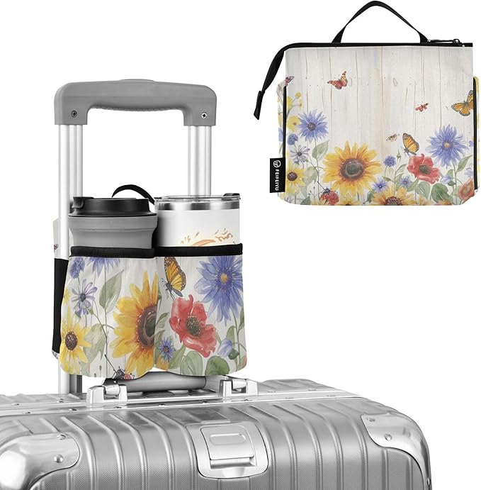 Luggage Cup Holder for Suitcases Free Hands Suitcase Cup Holder Travel Luggage Drink Holder Portable Luggage Cup Caddy Bag Carrier with Handle Watercolor Cornflower Butterfly