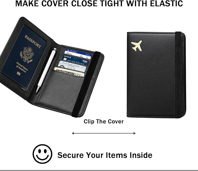 ZOPPEN RFID Blocking Passport Holder for Travel – PU Leather Waterproof Lightweight Passport Cover Wallet for Women Men, Travel Organizer with Card Slots for Airline Tickets & Passport Book (Black)