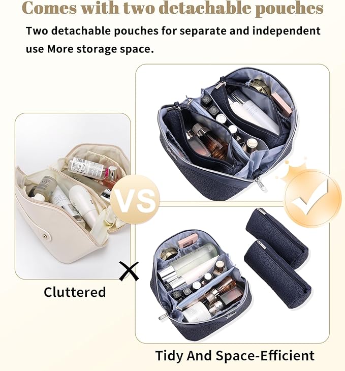BOYATU Travel Makeup Bags Cosmetic Organizer Bag: 3 Pcs Set Large Capacity Make up Bag with Compartments - Waterproof Leather Toiletry Bags with Handle for Women (A-Dard Blue)