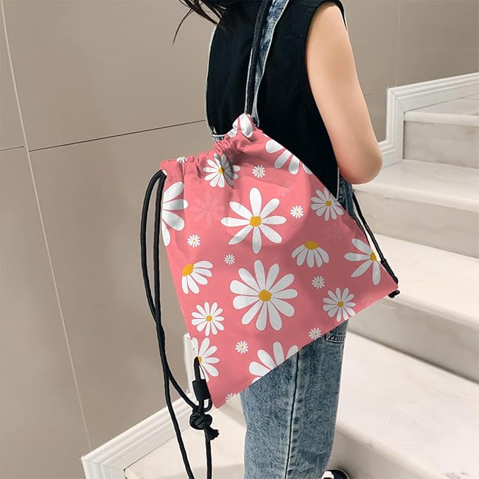 Drawstring Backpack for String Bag Waterproof Cute Sports Beach Swimming Travel (13"×17")-Daisy