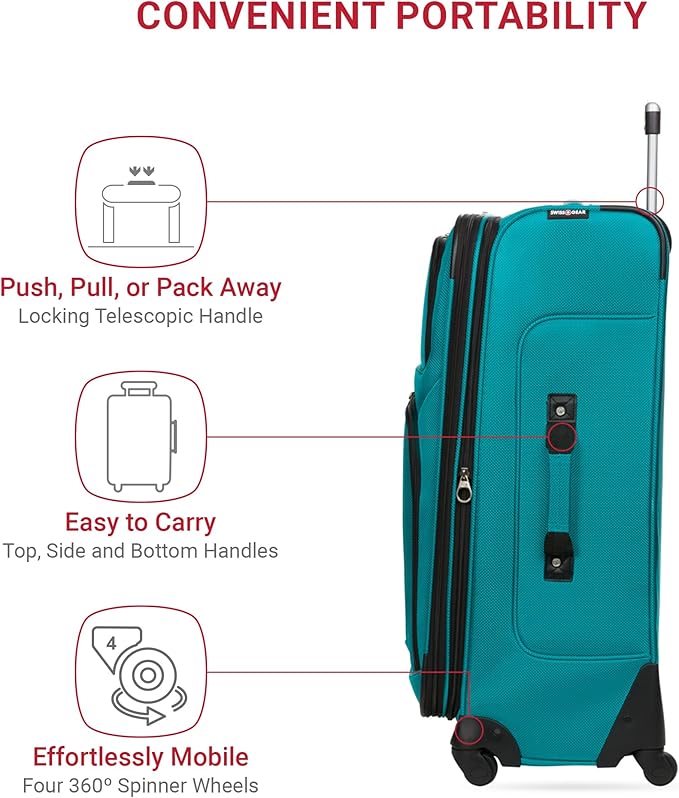 SWISSGEAR Sion Softside Expandable Spinner Luggage Durable Lightweight Travel Suitcase, Teal, Checked-Medium