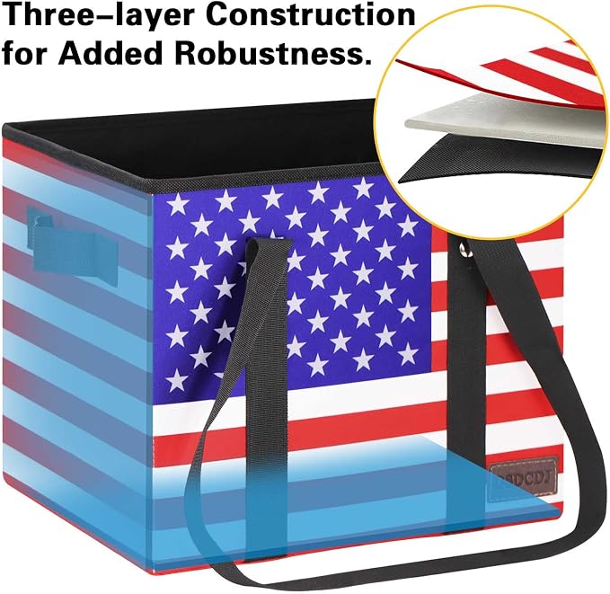 Patriotic Bags - Heavy Duty Reusable Grocery Bags with Hard Bottom & Long Handles, Foldable Reusable Shopping Bags with Box Shape to Stand Up, 3 Pack, Patriotic