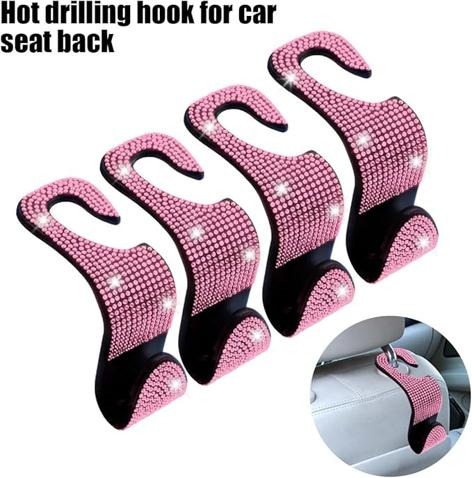 LAINLOY 4PCS Bling Car Headrest Hook, Crystal Rhinestone Back Seat Purse Holder, Car Seat Hanger Storage for Bag, Grocery, Handbag, Universal Interior Accessories for SUV Car Truck (Pink)