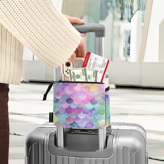 Luggage Cup Holder for Suitcases Free Hands Suitcase Cup Holder Travel Luggage Drink Holder Portable Luggage Cup Caddy Bag Carrier with Handle Watercolor Mermaid Scales Colors