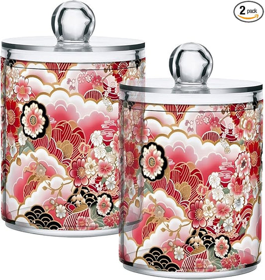 2 Pack Qtip Holder Organizer Dispenser Japanese Flowers Pattern Bathroom Storage Canister Cotton Ball Holder Container for Cotton Pads/Swabs/Floss