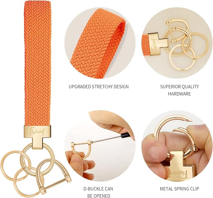 Fishent Stretchy Wristlet Keychain, Cute Key Chain, Woven Wrist Lanyard for Car Keys with 3 Keyrings and D-ring for Women Men