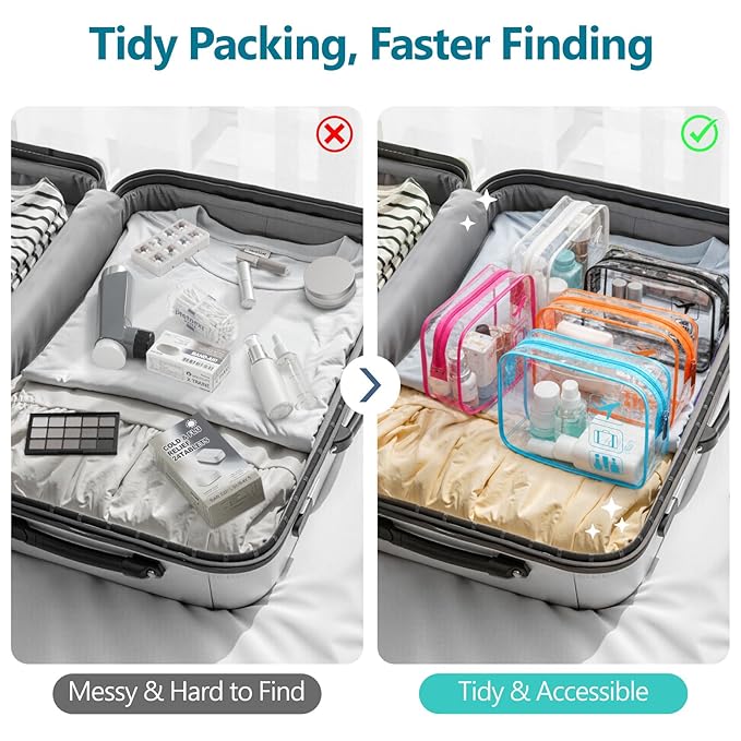 F-color TSA Approved Toiletry Bag 5 Pack Medium - Clear Makeup Bag Travel Quart Size for Women Men, Clear Cosmetic Bag Airport Airline Compliant Carry on Bag, 7.5×5.5×2.2", 5 Colors
