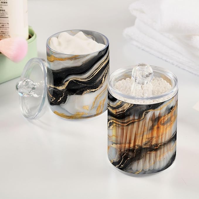 2 Pack Qtip Holder Organizer Dispenser Black Gold Grey Marble Texture Bathroom Storage Canister Cotton Ball Holder Container for Cotton Pads/Swabs/Floss