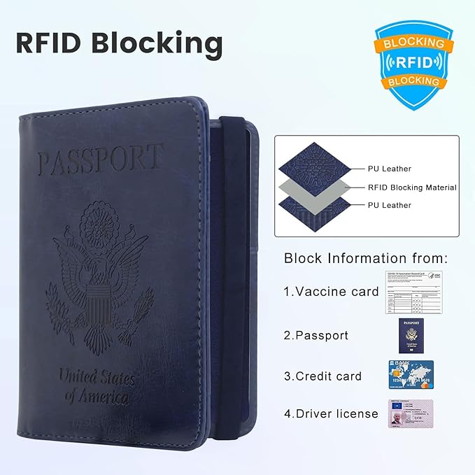 Passport Holder for Travel, RFID Blocking Passport Cover with Vaccine Card Slot, Leather Travel Wallet Combo & ID Organizer for Women, Dark Blue