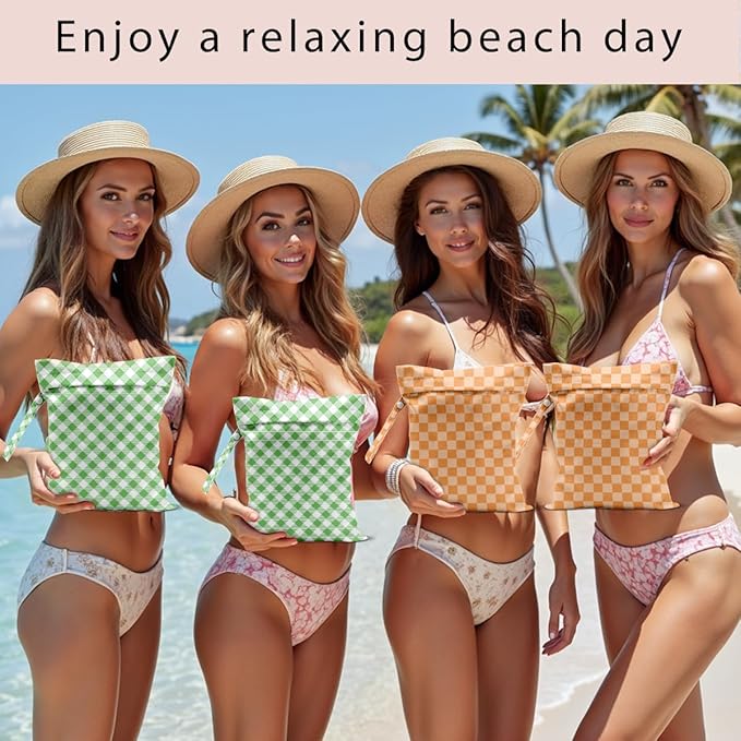 Wet Bag, 4Pcs Wet Dry Bag Set, Reusable Waterproof Bags with Green Gingham & Orange Checkerboard Patterns for Women, Suitable for Beach Trips & Daily Organizing