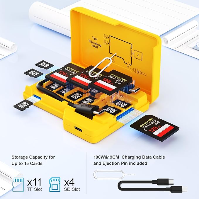 BUDI SD Memory Card Reader 4 Cards Simultaneously Read and Write with 15 Slots Folder-Styled Storage Case Type-C Compatible with lPhone 17/16/15/Pro Max/Photography/Security Camera