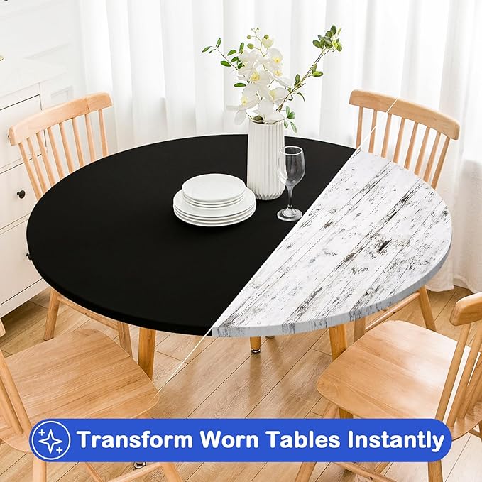 Wolkemer 2 Pack 5 Foot Black Fitted Tablecloth 60 Inch Round Elastic Edges Table Cloth, Spandex Stretch Table Cover with Machine Washable Fabric for Wedding Party Picnic Dining Indoor Outdoor