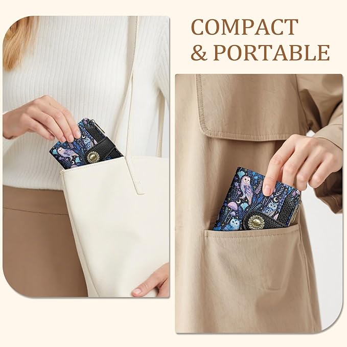 Icycay Owl Small Wallet Women RFID Blocking Bifold, Credit Card Holder, Zipper Coin Pocket, PU Leather, Magic, Compact, Travel, 4 ID Window, 14 Card Slots, Cash Purse, Ladies Woman Female Girls
