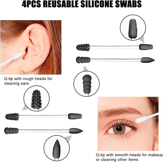 Reusable Cotton Swabs - 4Pcs - Rough Friction for Ears Cleaning Comes with Convenient Travel Case Holder - Black