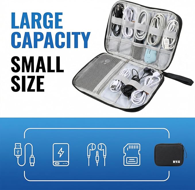 Charger Organizers Travel Case Cord Travel Harger Case Cable Organizer Bag Electronics Organizers Tech Pouch Portable Waterproof for Cords, Chargers, Earphones, Phone, SD Cards, USBs, Black
