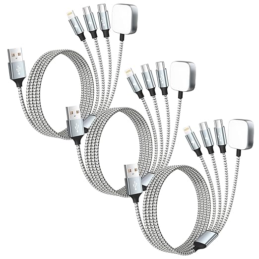 Travel Essentials 4in1 Multi Charging Cable for iPhone Watch Charger,USB A to Dual Type C/IP/iWatch Charger Travel Chargers for Multiple Devices Compatible with iWatch Series&iPhone 17-12 3Packs, 5FT