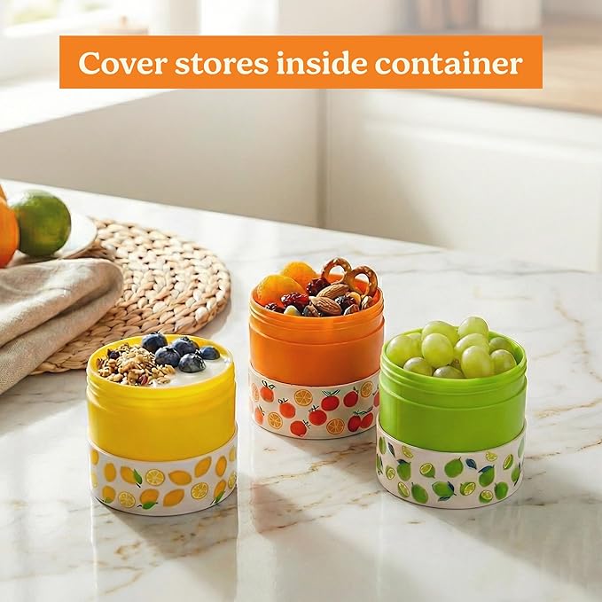 Snack Containers (4 Set) - 4.75 Oz Small Food Storage Cups with Lids - Fruit, Nuts, Sauce, Condiments & Salad Container for Lunch Box - (3 COLORS-5 Oz)