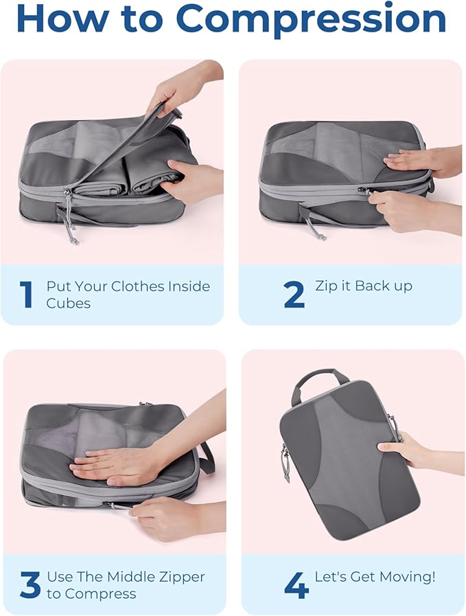BAGSMART Compression Packing Cubes for Travel, 6 Set/14 Set Compressible Luggage Organizer for Cruise Ship, Lightweight Travel Essentials (1L+2M+2S+Shoe bag+Drawstring bag+Toiletry bag+6Plastic bags)