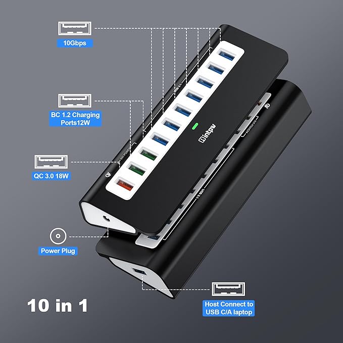 Powered USB Hub 10Gbps, 10 Port USB 3.2 Gen 2 Hub with 7 USB 3.2 Data Ports, 3 Fast Charging Ports, 36W Power Adapter, Type A and Type C Cable, Aluminum USB Hub for Laptop, Mac, PC