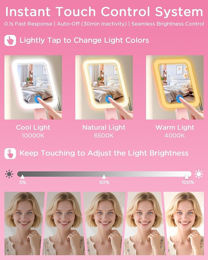EAONE Magnifying Mirror with LED Light, Double Sided Travel Makeup Mirror 10X/1X with Storage Bag, 3 Color Lighting & Dimmable Touch Screen for Trip, Desk, Bathroom (10.3 x 5.2IN)- Pink