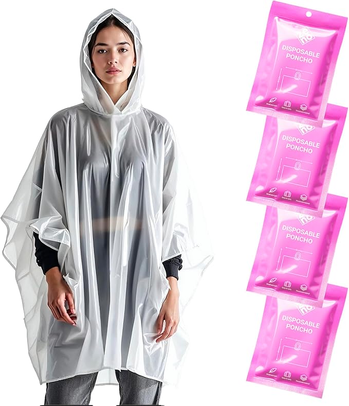 ZENO Disposable Rain Ponchos for Adults - Clear with Hood, Compact Emergency Ponchos for Hiking, Camping, Travel