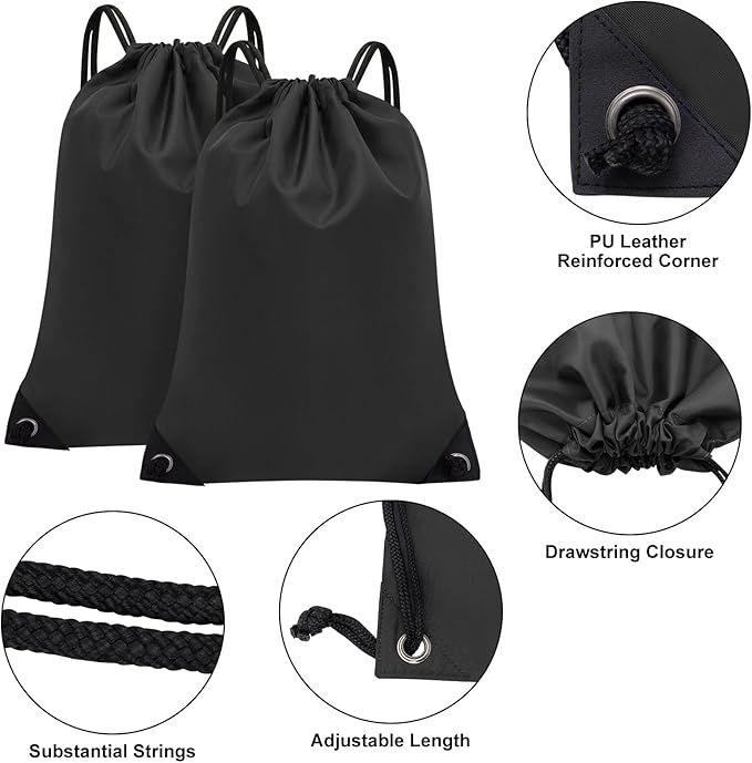 2PCS Drawstring Bags Bulk, String Backpack for Men Women, Cinch Bag Draw String Back Bag for Gym, Sports, Travel, Swimming, Beach, Black