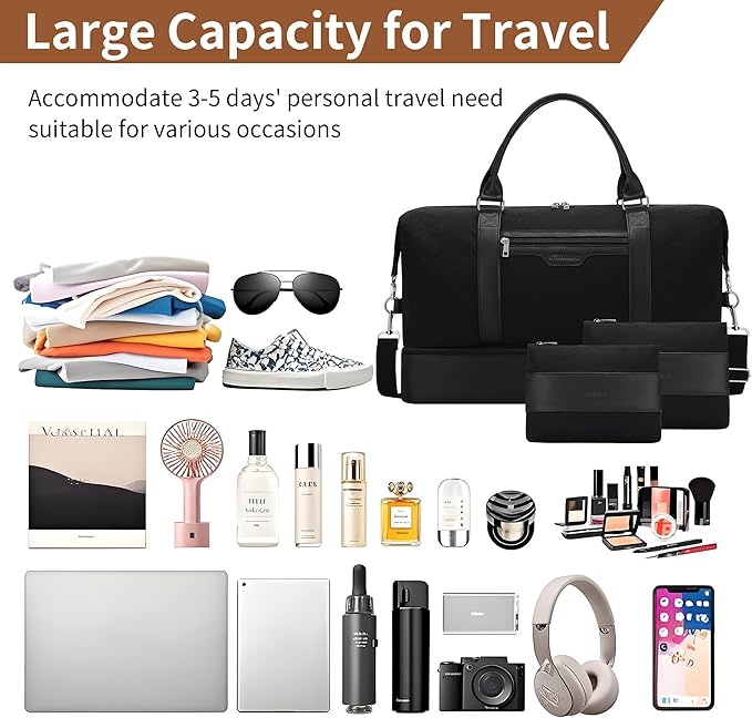 Oeihuivt Weekender Bags for Women - 21 Inch Large Travel Duffel Bag 2-Piece Set with Shoe Compartment, Heavy-Duty Canvas Leather Carry On Overnight Tote