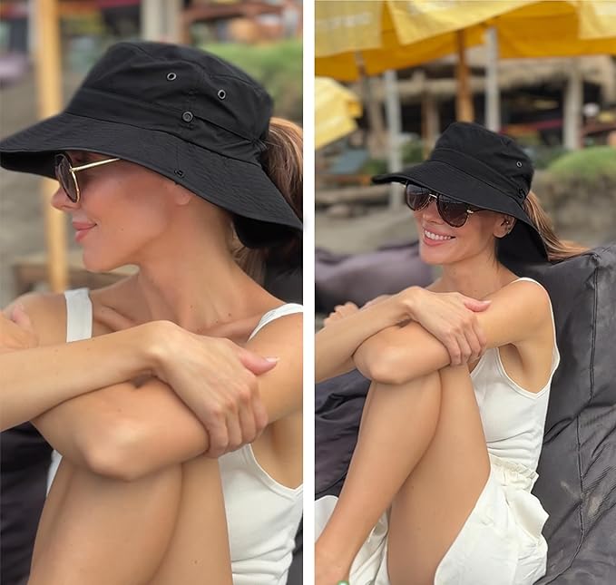 FURTALK Sun Hats for Women Ponytail UPF 80+ Beach Summer Hat Wide Brim Packable Cowboy Hat