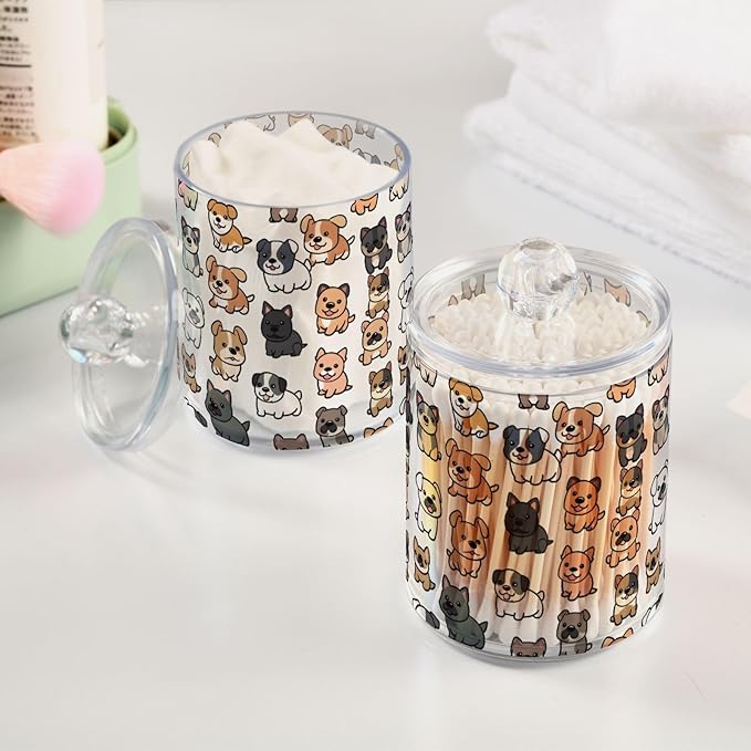 2 Pack Qtip Holder Organizer Dispenser Dogs Cartoon Bathroom Storage Canister Cotton Ball Holder Container for Cotton Pads/Swabs/Floss